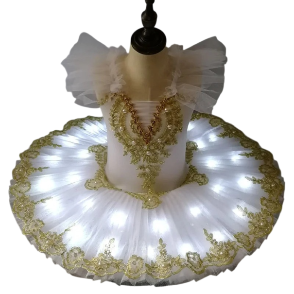 Rochii de balet tutu pentru fete cu iluminare LED, broderie din dantelă și perle, rochii de dans din poliester pentru spectacole și recitale alb 10