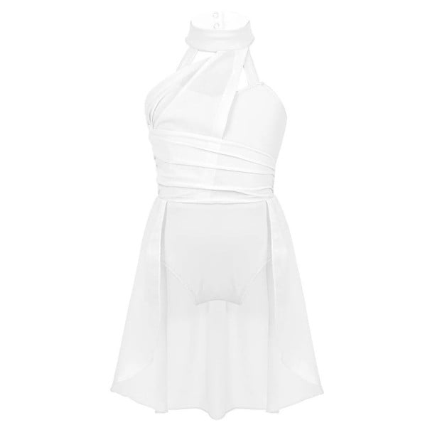 Rochii de dans pentru fete cu decolteu halter, fustă din chiffon peste leotard, costum din poliester pentru dans liric, balet și spectacole de competiție alb 16