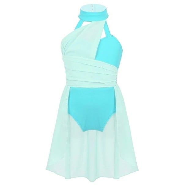 Rochii de dans pentru fete cu decolteu halter, fustă din chiffon peste leotard, costum din poliester pentru dans liric, balet și spectacole de competiție albastru deschis 16
