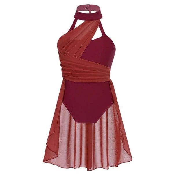Rochii de dans pentru fete cu decolteu halter, fustă din chiffon peste leotard, costum din poliester pentru dans liric, balet și spectacole de competiție burgundy 16