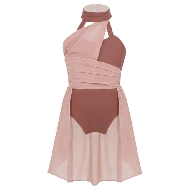 Rochii de dans pentru fete cu decolteu halter, fustă din chiffon peste leotard, costum din poliester pentru dans liric, balet și spectacole de competiție maro 16
