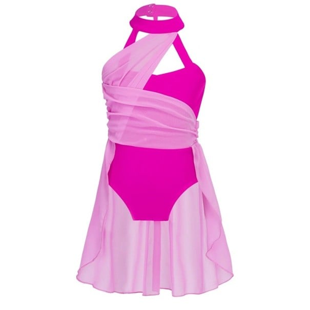 Rochii de dans pentru fete cu decolteu halter, fustă din chiffon peste leotard, costum din poliester pentru dans liric, balet și spectacole de competiție roz 16