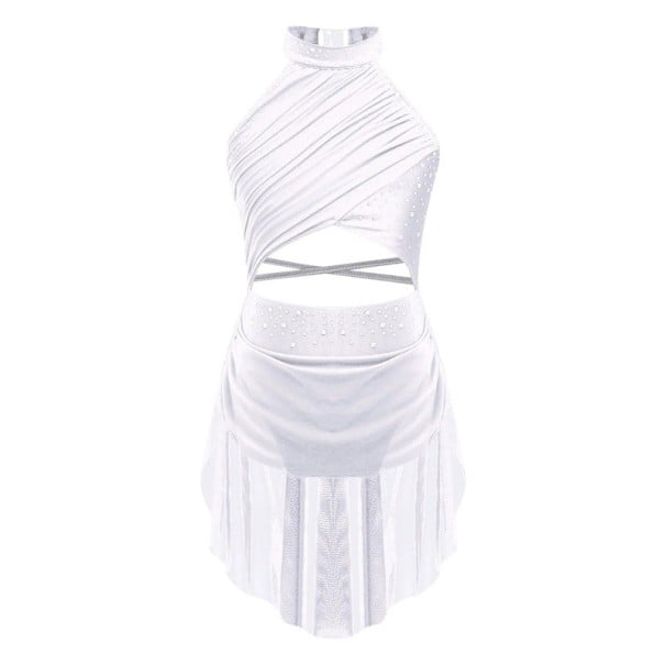 Rochii de dans pentru fete cu guler halter, pietricele și fustă din plasă asimetrică, costum din poliester cu elastan, pentru dans competițional și spectacole alb 16