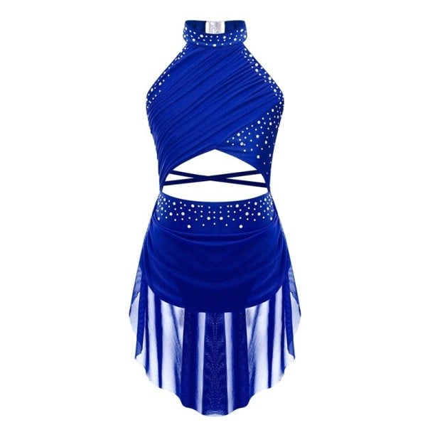 Rochii de dans pentru fete cu guler halter, pietricele și fustă din plasă asimetrică, costum din poliester cu elastan, pentru dans competițional și spectacole albastru 16