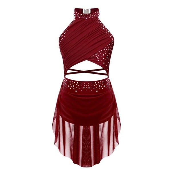 Rochii de dans pentru fete cu guler halter, pietricele și fustă din plasă asimetrică, costum din poliester cu elastan, pentru dans competițional și spectacole burgundy 16