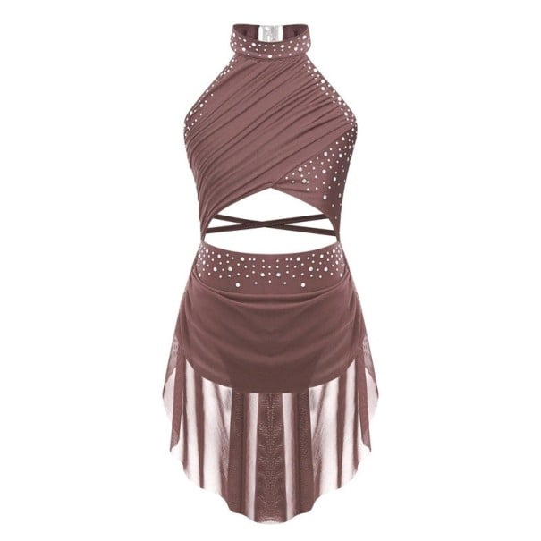 Rochii de dans pentru fete cu guler halter, pietricele și fustă din plasă asimetrică, costum din poliester cu elastan, pentru dans competițional și spectacole maro 16
