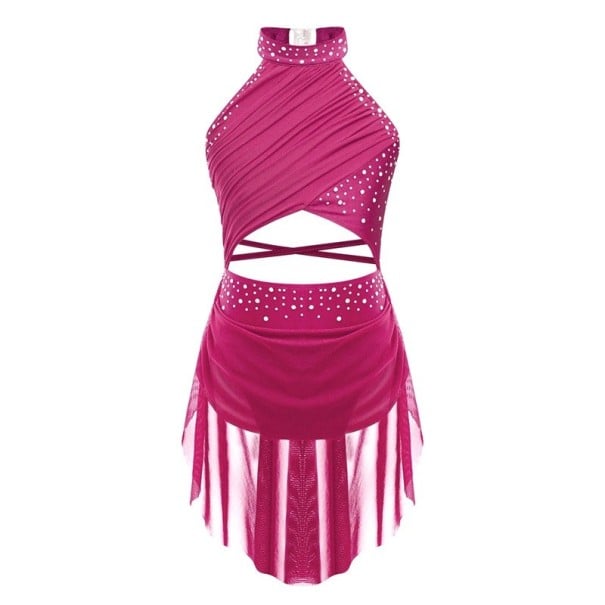 Rochii de dans pentru fete cu guler halter, pietricele și fustă din plasă asimetrică, costum din poliester cu elastan, pentru dans competițional și spectacole roz 16