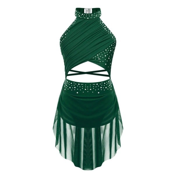 Rochii de dans pentru fete cu guler halter, pietricele și fustă din plasă asimetrică, costum din poliester cu elastan, pentru dans competițional și spectacole verde 16