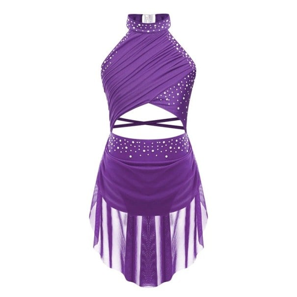 Rochii de dans pentru fete cu guler halter, pietricele și fustă din plasă asimetrică, costum din poliester cu elastan, pentru dans competițional și spectacole violet 16