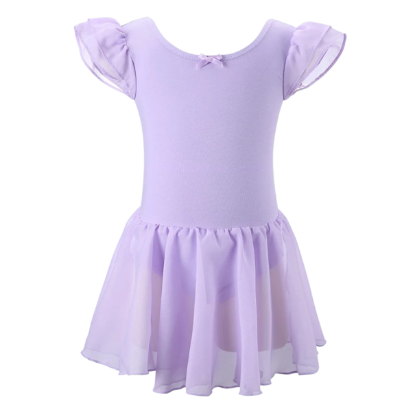 Rochii de dans pentru fete cu mânecă scurtă și volanată și fustă din șifon ușor, dres din bumbac cu elastan pentru balet, dans și gimnastică violet 12