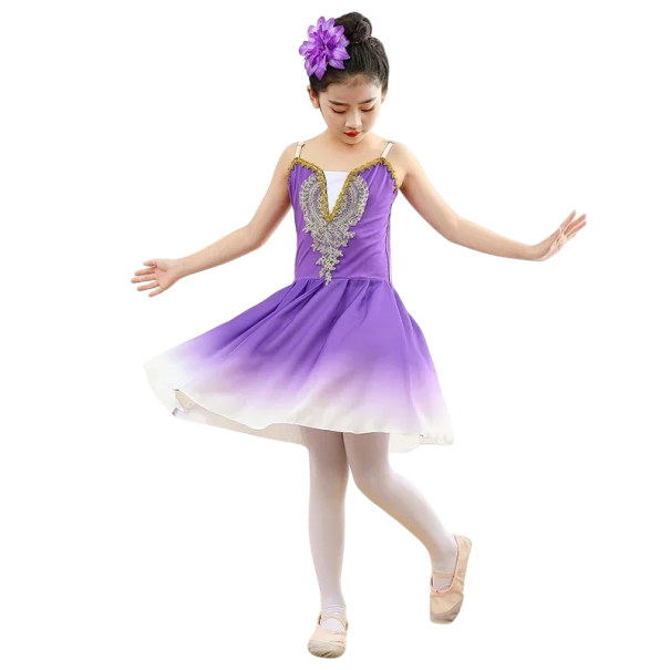 Rochii lungi de dans pentru fete cu bretele, cu corset decorat și fustă amplă, material din șifon, potrivite pentru balet și spectacole violet 10