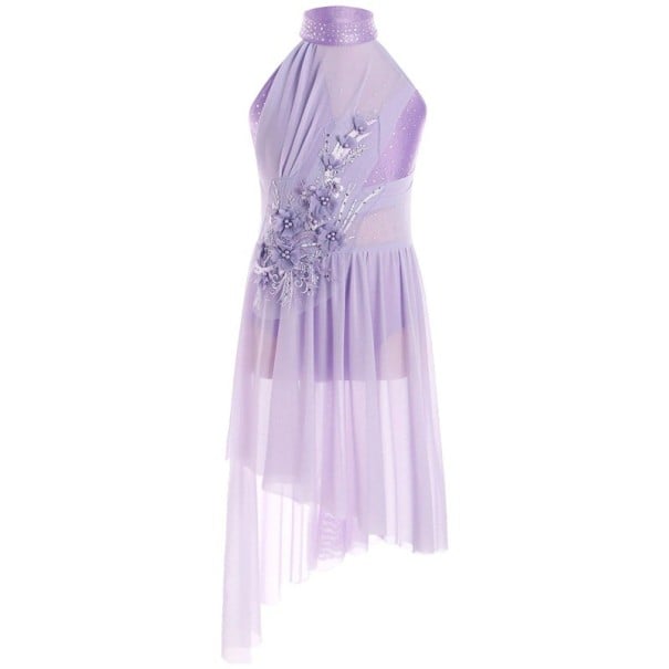 Rochii pentru fete pentru dans contemporan cu fustă asimetrică, aplicație florală 3D și guler cu pietricele, costum liric pentru coregrafii de competiție violet 10