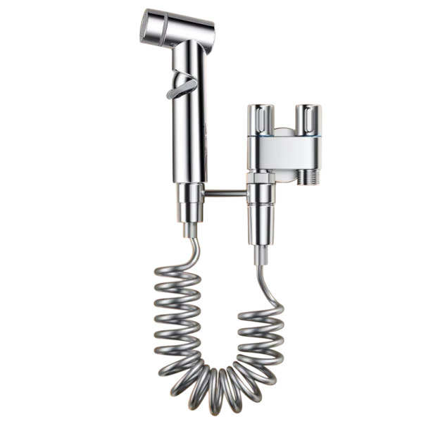 Rociador de bidet manual para inodoro con manguera Doble salida Válvula de esquina G1/2 Palanca de presión Rociador suave y modo de ducha Kit de bidet portátil plateado