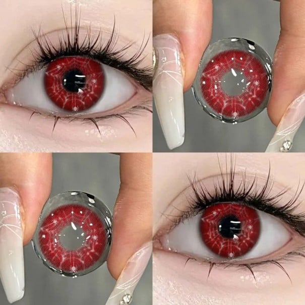 Ročné farebné kontaktné šošovky s dioptriami -4.75 v anime štýle s bielou pavučinou kontrastný vzor dekoratívne šošovky pre cosplay a stylizáciu očí červená