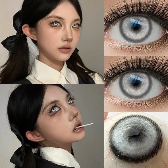 Roční barevné kontaktní čočky s dioptriemi -4.00 v anime stylu kontrastní vzor dekorativní čočky pro cosplay a stylizaci očí stříbrná