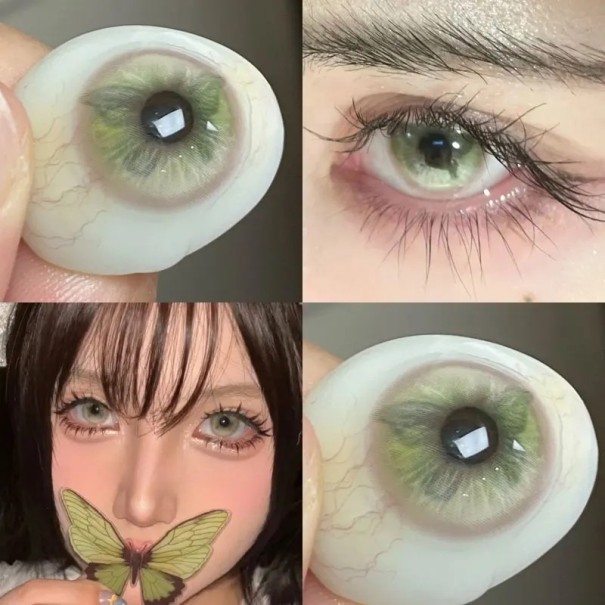 Roční barevné kontaktní čočky s dioptrií -3.75 s motýlem v duhovce dekorativní čočky pro cosplay anime efekt zelená