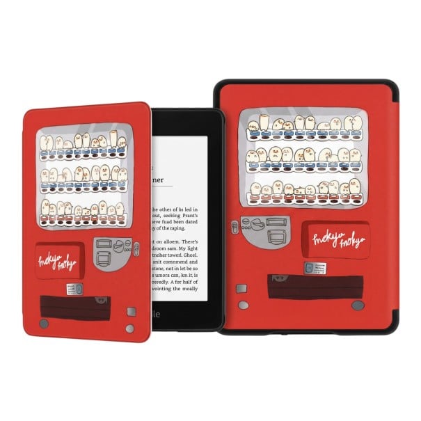 Röd flipfodral 6 tum för Kindle 10:e generationen 2019 med tecknad illustration av dryckesautomat och figurer med rem och folie 1