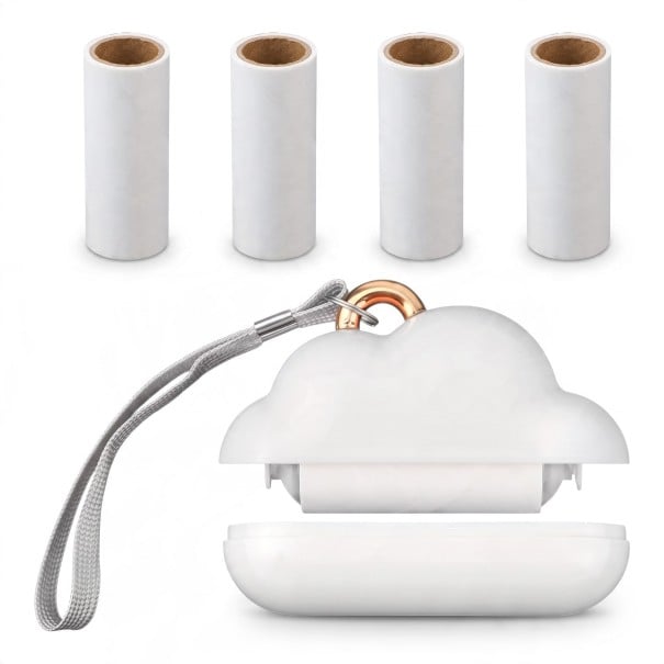 Rodillo de viaje Mini en forma de nube con papeles adhesivos recambiables 10 x 6,4 cm con tapa y cinta para la ropa blanco