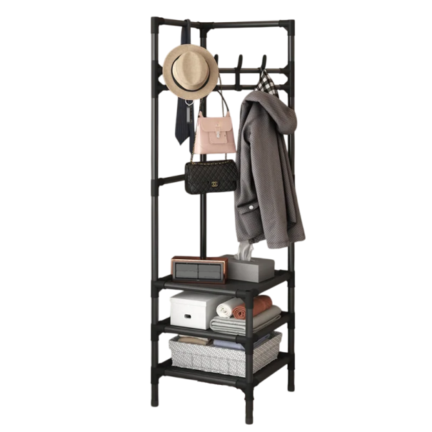Rogowy wieszak na ubrania 180 x 45 x 45 cm z 3 półkami Konstrukcja metalowa z stali węglowej Półki tekstylne Stojak do przechowywania czarny