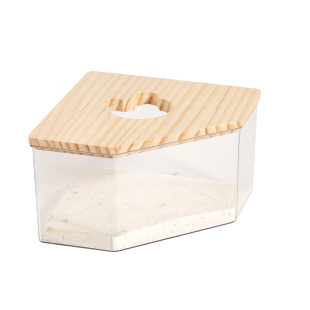 Rohová piesková kúpeľ pre škrečky 13 x 13 x 8 cm Akrylová a drevená vaňa s otvorom Ø 6 cm Hygienická rohová toaleta pre hlodavce 1