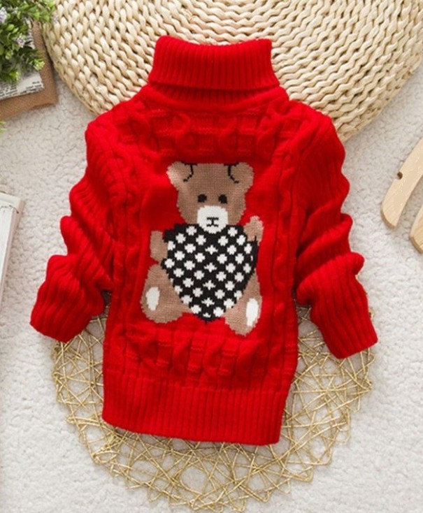 Rollkragenpullover für Kinder mit Teddybär J2889 rot 3