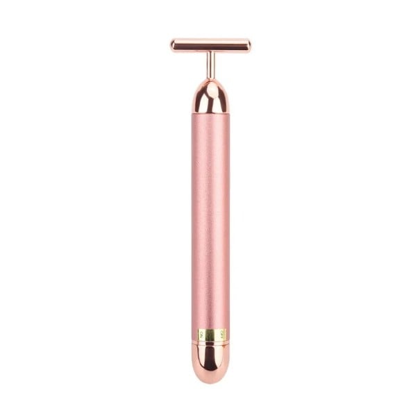 Rolo de massagem vibratório para o rosto a pilhas AA à prova de água Rolo vibratório para tonificação e afinação do rosto Acessório de massagem vibratório para lifting facial Aparelho de massagem anti-rugas em forma de T 14 x 3,2 cm rosa