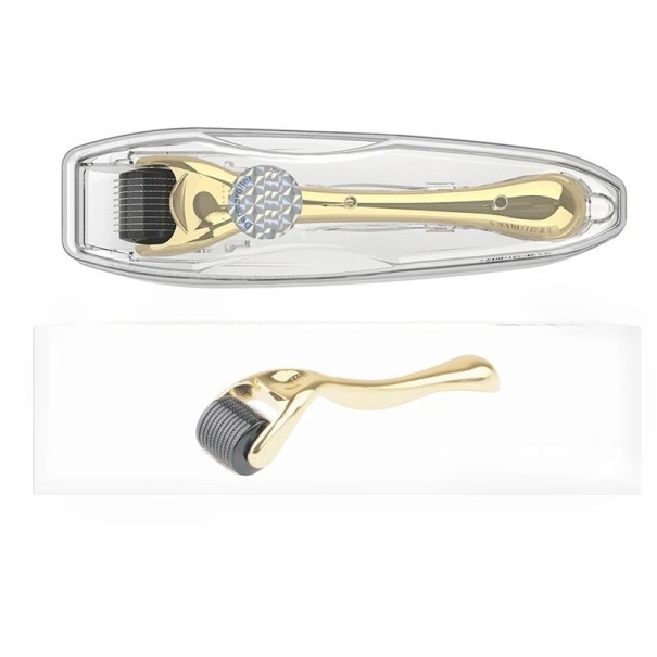 Rolo derma prateado com microagulhas de 0,25 mm Rolo de titânio para rejuvenescimento da pele com estojo Rolo de massagem com 540 microagulhas para pele suave Ferramenta com agulhas para esfoliação profunda da pele dourado