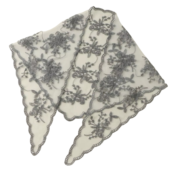 Romantischer Spitzen-Schal 130 x 45 cm Dreiecksschal für Kopf und Hals Blumen-Haarband Leichter, kompakter Accessoire Vier Jahreszeiten grau