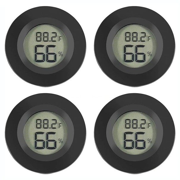 Ronde digitale thermometer met hygrometer Ø 45 mm °C/°F omschakeling LCD-display LR44 batterij Binnentemperatuur- en vochtigheidsmeetset van 4 stuks zwart