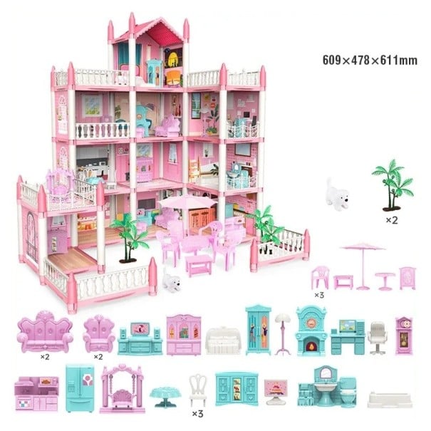Rosa dukkehus 609 x 478 x 611 mm Elleve-værelses plast hus med køkken Møbler Hund Træer Gyngestol og tilbehør Stort hus til børn 1