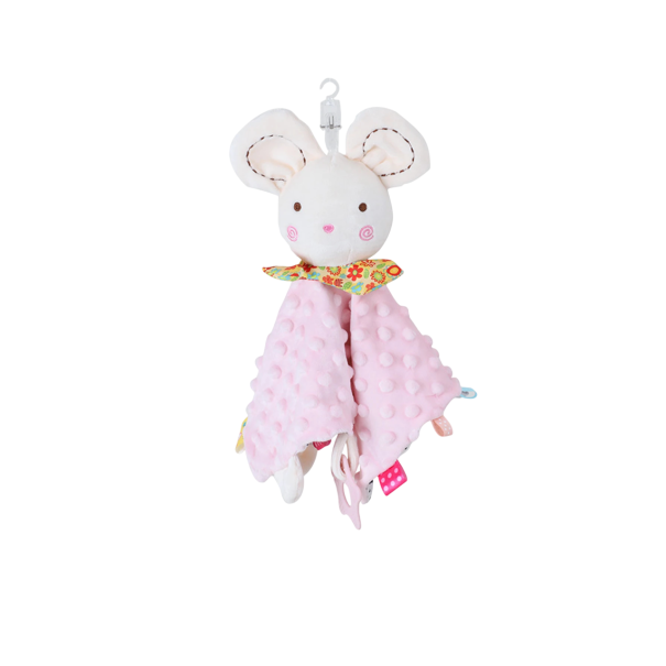 Rosa Maus Kinder Rassel mit Beißring und Aufhängehaken, Größe 28x28 cm, ideal zur Förderung der Sinne und Beruhigung 1