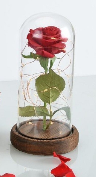 Rosa roja luminosa con LED en un frasco de vidrio oscuro