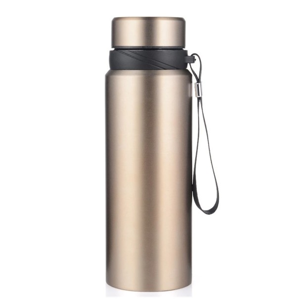 Rostfri termos 1 l Dubbelväggig vakuumisolering Resetermos för varma och kalla drycker Slitstark termoflaska med läcksäkert lock Bred hals Praktiskt handtag guld