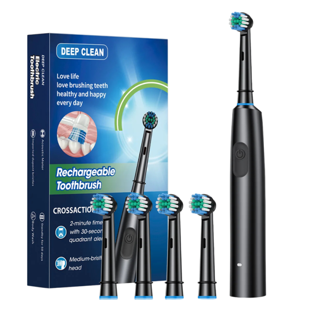 Rotating Electric Toothbrush for Adults Teeth Whitening 3D Round Head Soft Bristles Rechargeable Toothbrush 4 Replacement Heads Effective Cleaning black