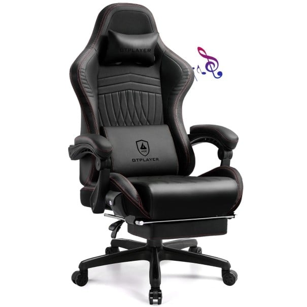 Rotating Gaming Chair with 3D Stereo Speakers and Footrest, Headrest and Lumbar Cushion, PU Leather and Nylon for Office and Study red
