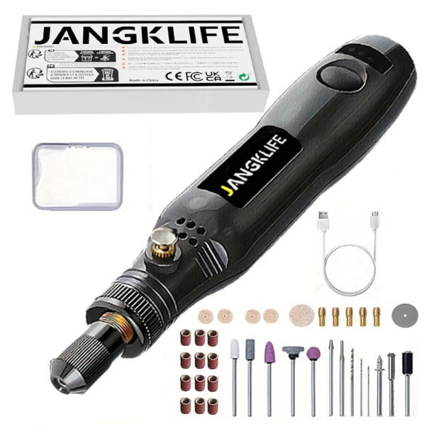 Roterande gravyrpenna trådlös USB 15 cm 3 hastigheter 3000–15000 rpm Set med 37 tillbehör Slipmaskiner Borrar Kapskivor Metall svart