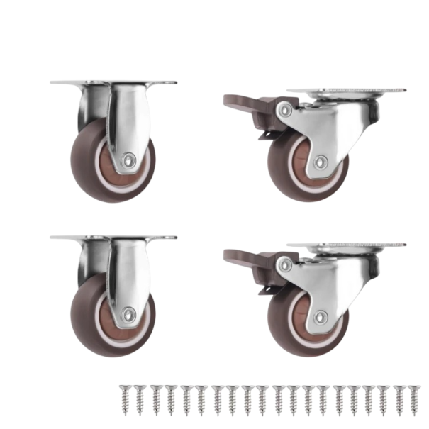 Rotițe de mobilă pivotante 2 buc cu frână și 2 buc fără frână, capacitate de încărcare 135 kg, lățime 18 mm, placă de montaj 44,5×38 mm, metal și plastic, maro