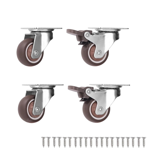 Rotițe de mobilier pivotante 2 buc cu frână și 2 buc fără frână, capacitate de încărcare 135 kg, lățime 18 mm, placă de montaj 44,5×38 mm, metal și plastic, maro