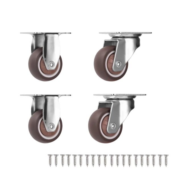 Rotițe de mobilier pivotante fără frână, capacitate 135 kg, lățime 18 mm, placă de montaj 44,5×38 mm, metal și plastic, maro-silver, pentru mobilă