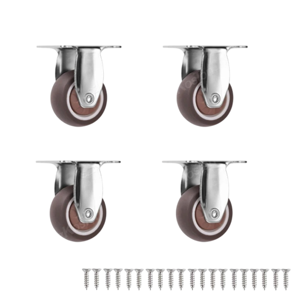 Rotițe de mobilier pivotante fără frână, capacitate de 135 kg, lățime 18 mm, placă de montaj 44,5×38 mm, metal și plastic, maro-silver, pentru mobilier