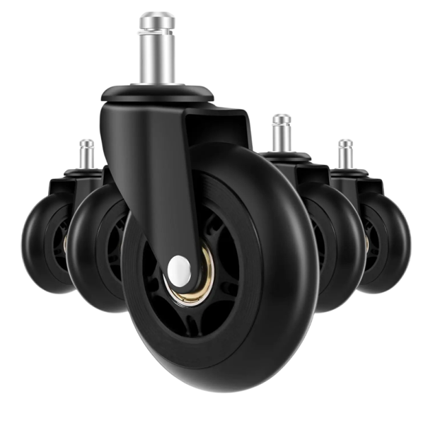 Rotițe pivotante pentru scaune de birou cu ax, diametru roții 50 mm, lungimea axului 22 mm, diametru 10–11 mm, oțel și cauciuc, negru
