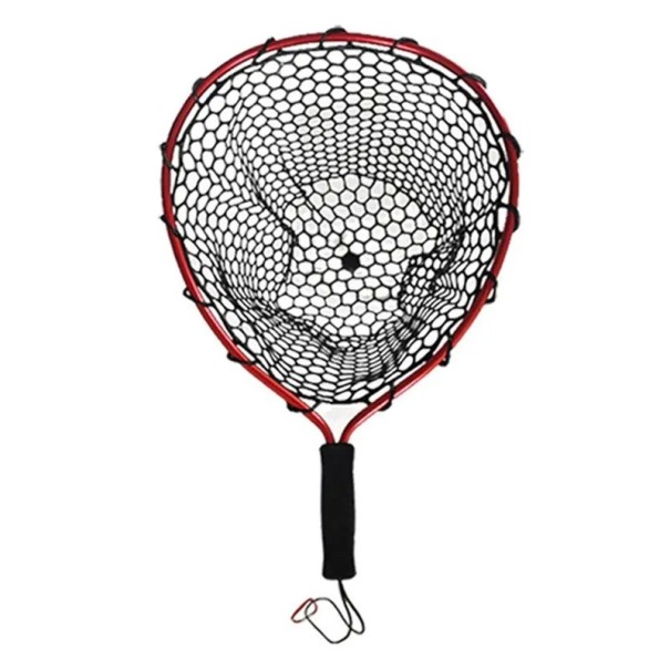 Rött gummerat fisklandningsnät 50 × 35 cm Slitstarkt mesh Robust konstruktion Lätt att hantera Säkert för fisk Ergonomiskt handtag
