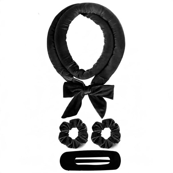 Rouleau de cheveux sans chaleur Ensemble avec élastiques et pince Longueur 151 cm Boucleur doux en velours sans chaleur Pour des boucles noir