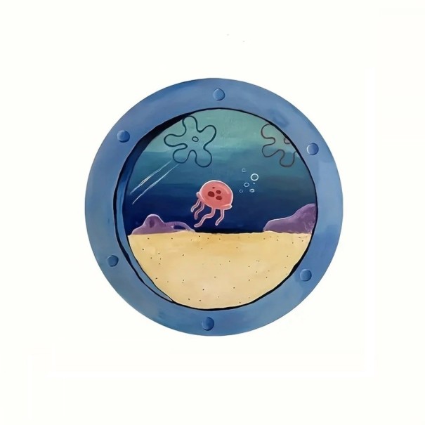 Round Wooden Wall Art with Frame 20 cm 2D Decoration Blue with Jellyfish Motif for Children's Room or Interior 1
