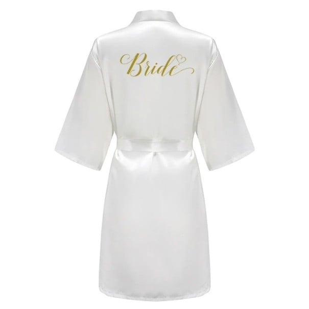 Roupão branco feminino de seda sintética Roupão de noiva com laço e inscrição BRIDE Roupão leve e elegante para a noiva durante os preparativos M