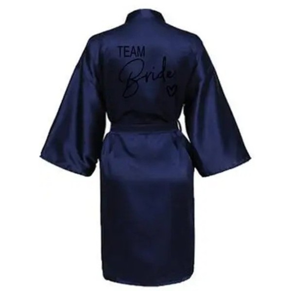 Roupão feminino team bride Roupão de cetim suave com inscrição para as madrinhas Laço na cintura em cordão Poliéster leve para preparativos de casamento azul escuro S