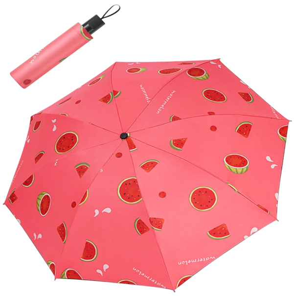 Roze opvouwbare reisparaplu, winddichte, compacte autoparaplu voor regen met UV-bescherming, lichtgewicht parasol met watermeloenpatroon 1