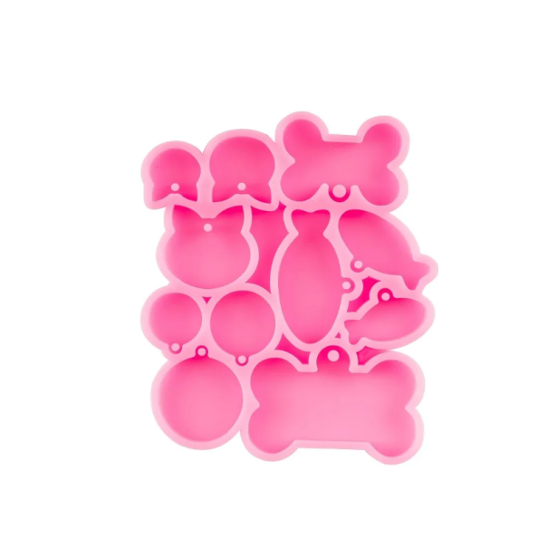 Roze siliconen mal met mix van vormen 11,5 x 9,7 cm vis bot kat ovaal rondjes voor het gieten van hars voor het maken van sleutelhangers 1