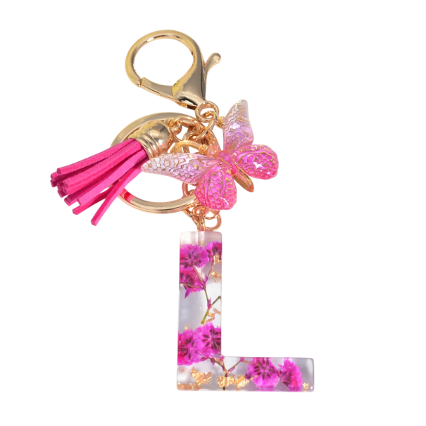 Roze sleutelhanger 5 cm Hars sleutelhanger met initialen en bloemen Decoratieve versiering voor tas rugzak cadeau voor vrouwen L