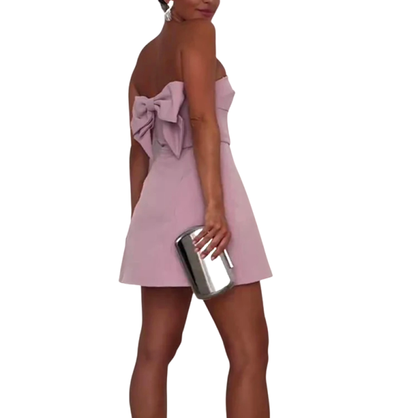 Roze strapless mini-jurk Elegante formele jurk met een grote strik op de rug Korte jurk voor sociale gelegenheden Avondoutfit